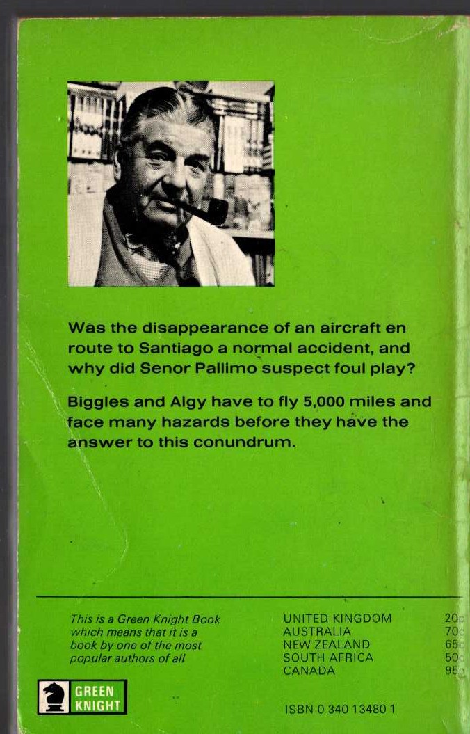 Captain W.E. Johns  BIGGLES AND THE LITTLE GREEN GOD magnified rear book cover image