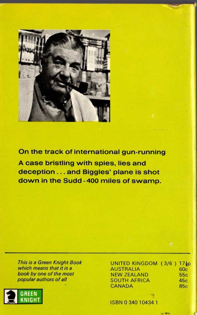 Captain W.E. Johns  BIGGLES AND THE GUN-RUNNERS magnified rear book cover image