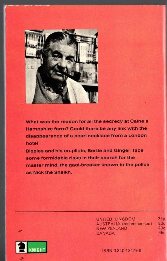 Captain W.E. Johns  BIGGLES IN THE UNDERWORLD magnified rear book cover image