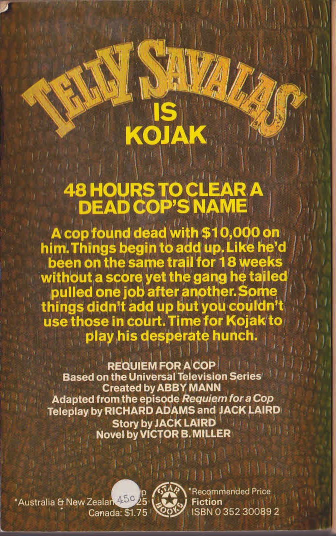 Victor B. Miller  KOJAK: REQUIEM FOR A COP magnified rear book cover image