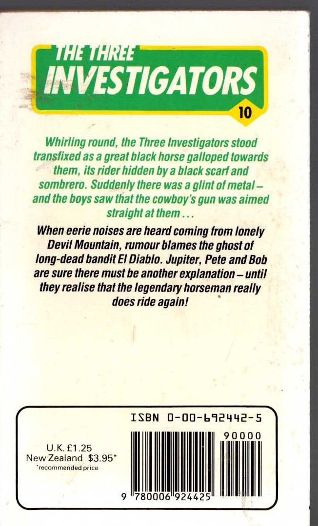 Alfred Hitchcock (introduces_The_Three_Investigators) THE MYSTERY OF THE MOANING CAVE magnified rear book cover image