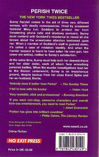 Robert B. Parker  PERISH TWICE magnified rear book cover image
