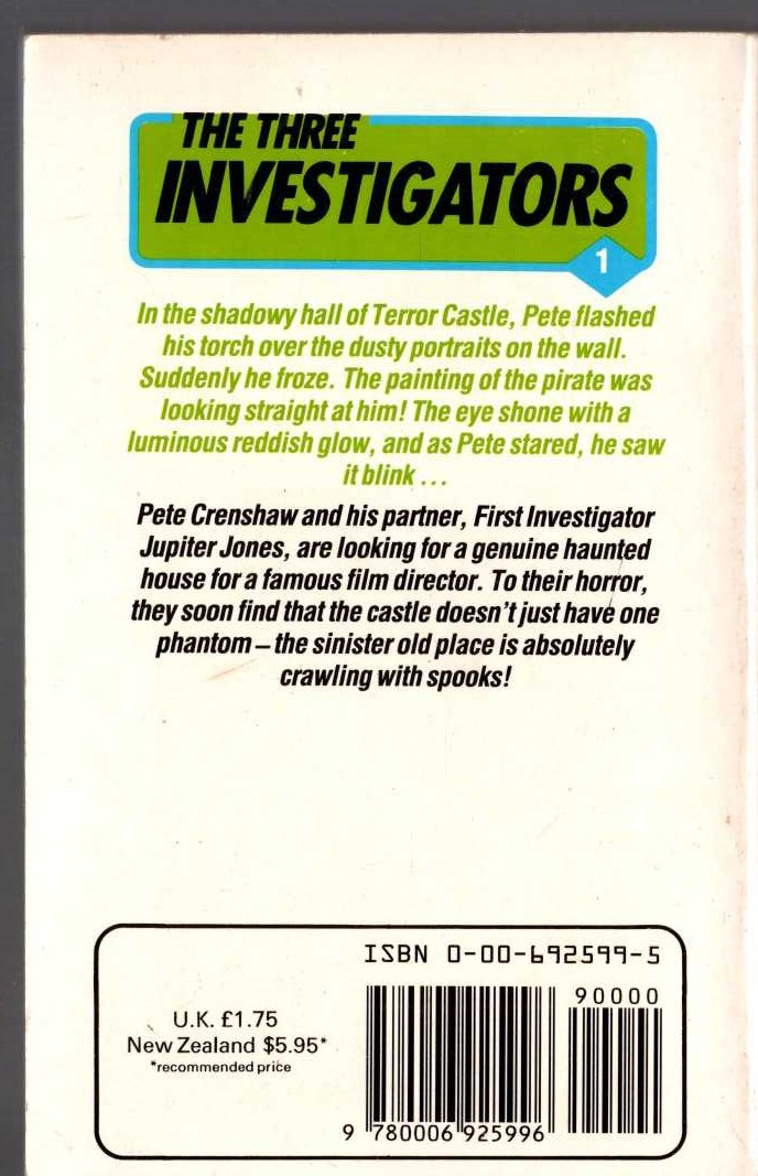 Alfred Hitchcock (introduces_The_Three_Investigators) THE SECRET OF TERROR CASTLE magnified rear book cover image