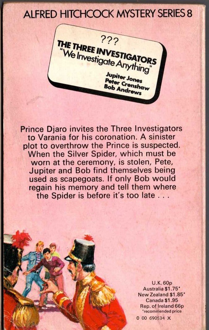 Alfred Hitchcock (introduces_The_Three_Investigators) THE MYSTERY OF THE SILVER SPIDER magnified rear book cover image