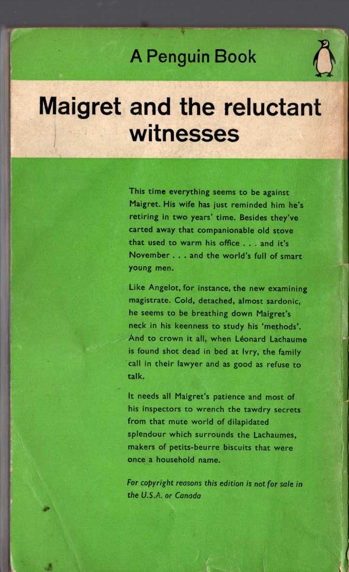Georges Simenon  MAIGRET AND THE RELUCTANT WITNESSES magnified rear book cover image