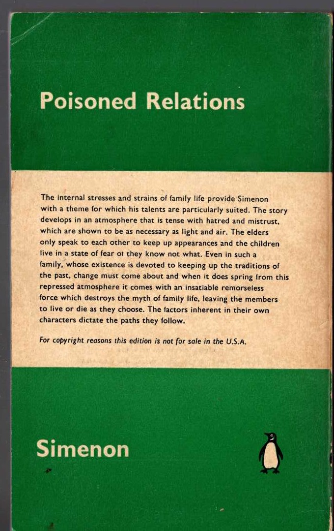 Georges Simenon  POISONED RELATIONS magnified rear book cover image