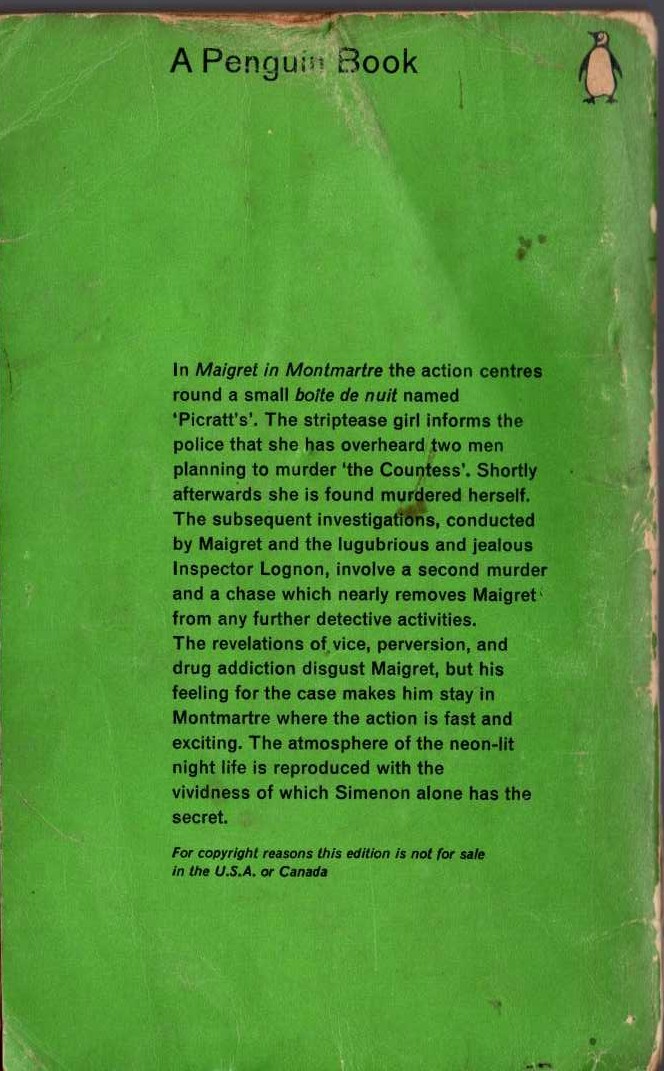 Georges Simenon  MAIGRET IN MONTMARTRE magnified rear book cover image