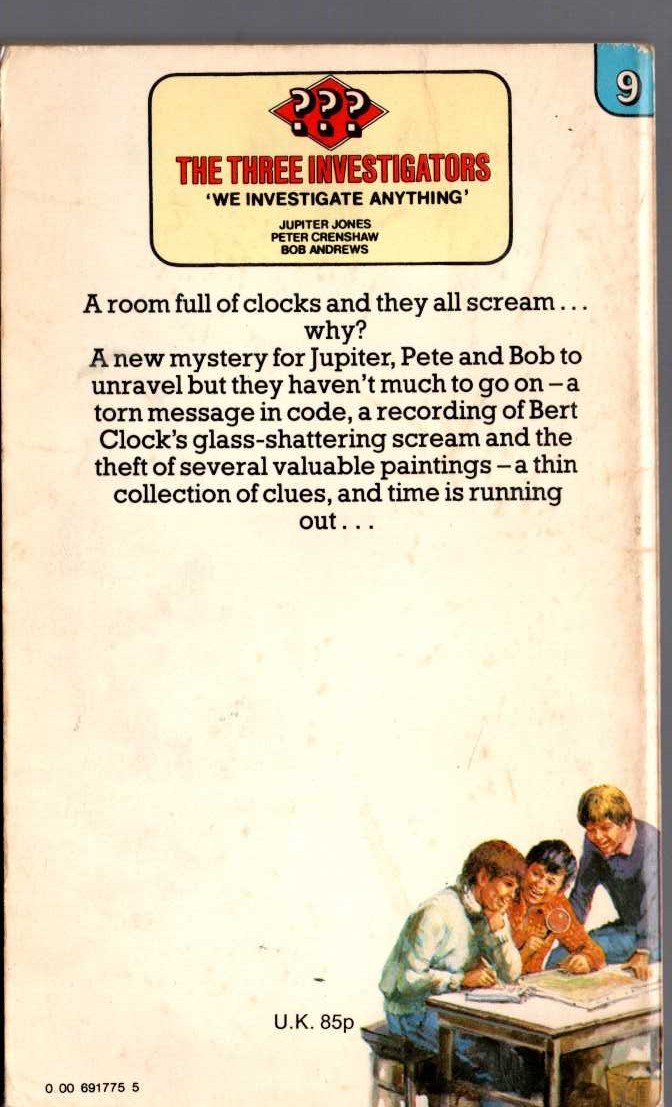 Alfred Hitchcock (introduces_The_Three_Investigators) THE MYSTERY OF THE SCREAMING CLOCK magnified rear book cover image