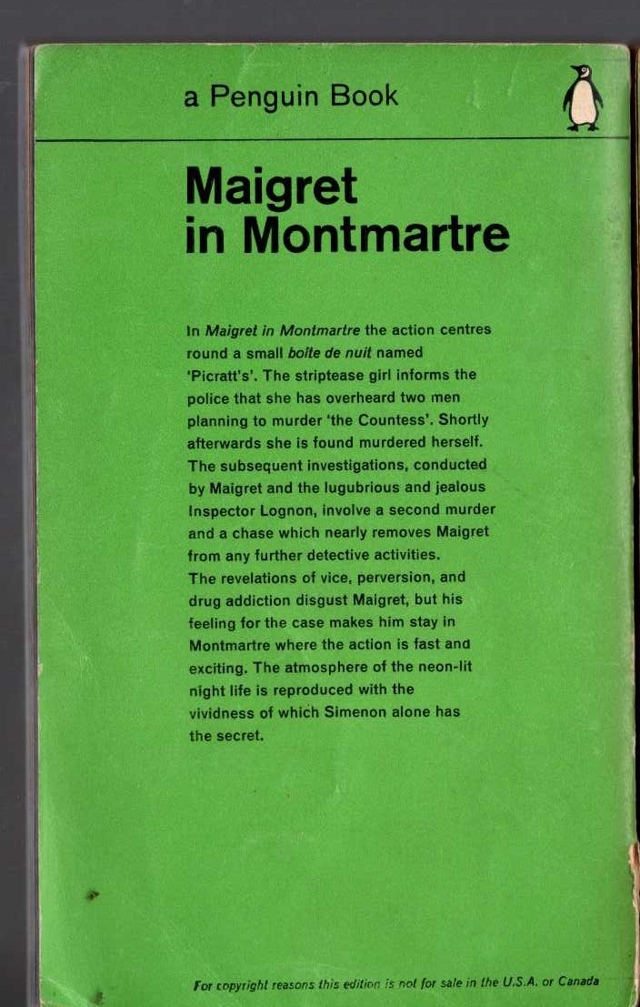Georges Simenon  MAIGRET IN MONTMARTRE magnified rear book cover image