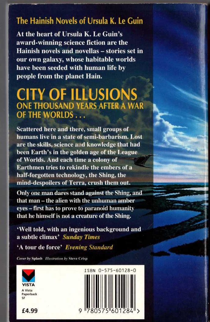 Ursula Le Guin  CITY OF ILLUSIONS magnified rear book cover image