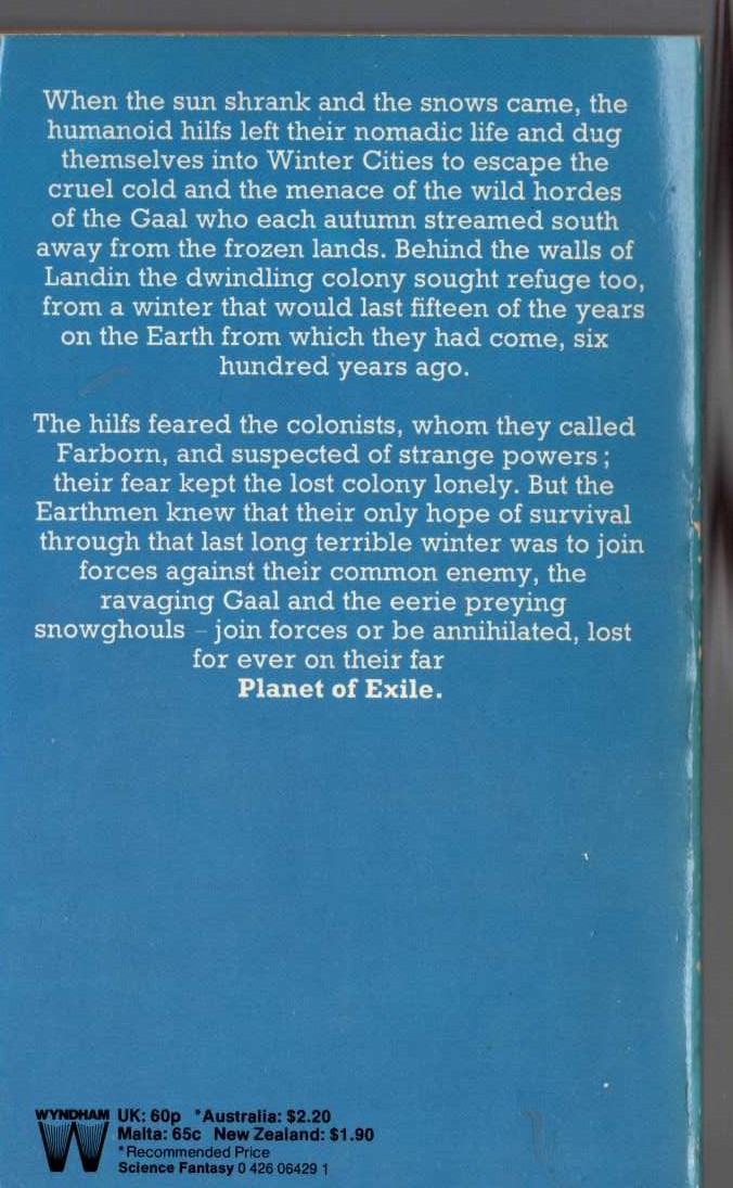Ursula Le Guin  PLANET OF EXILE magnified rear book cover image