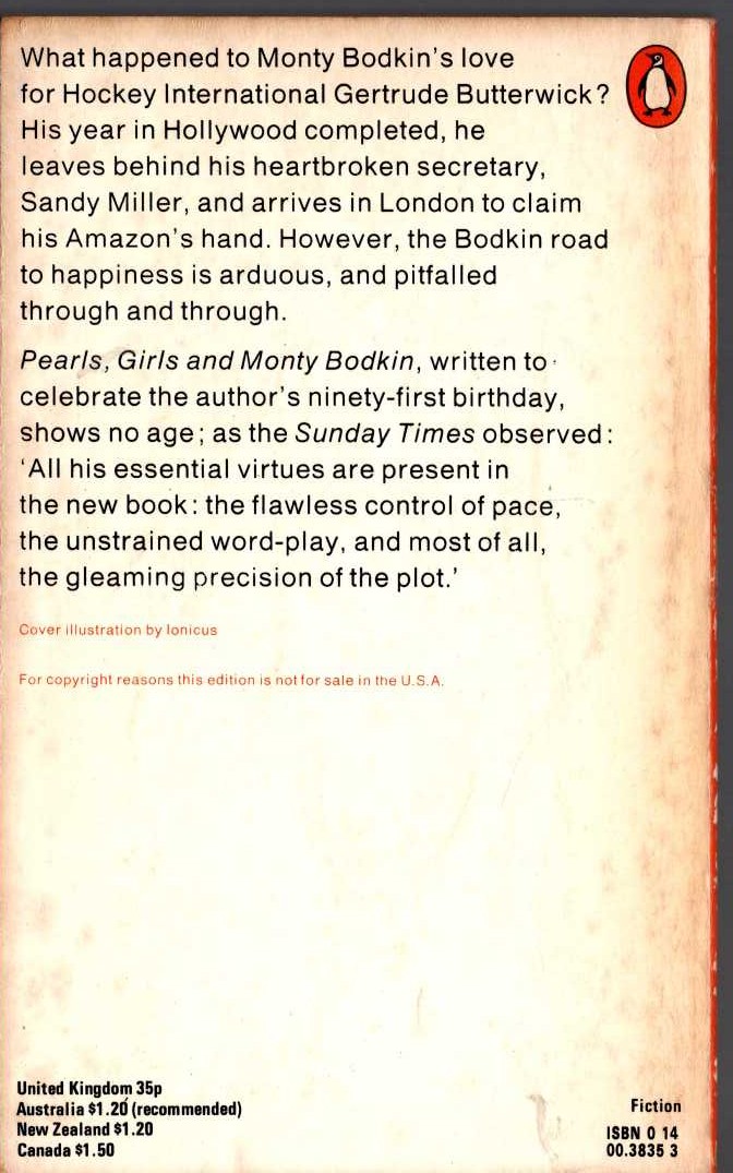 P.G. Wodehouse  PEARLS, GIRLS AND MONTY BODKIN magnified rear book cover image