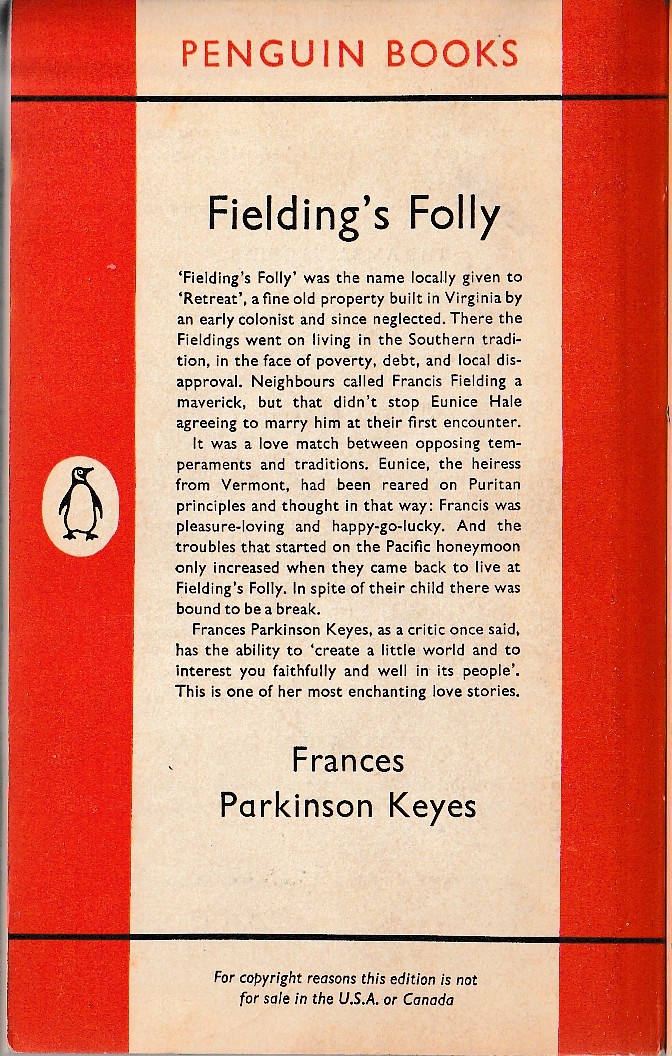 Frances Parkinson Keyes  FIEDLING'S FOLLY magnified rear book cover image