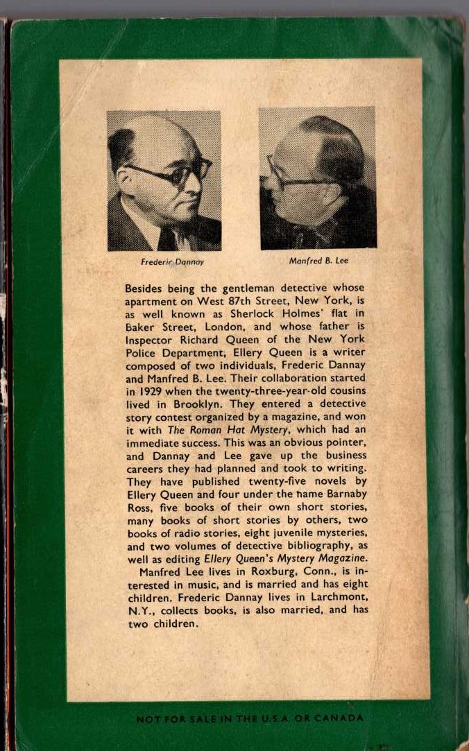 Ellery Queen  THE ROMAN HAT MYSTERY magnified rear book cover image