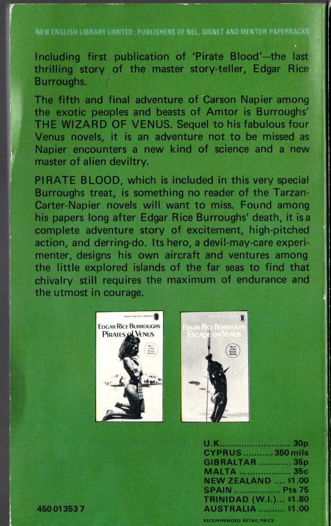 Edgar Rice Burroughs  THE WIZARD OF VENUS magnified rear book cover image