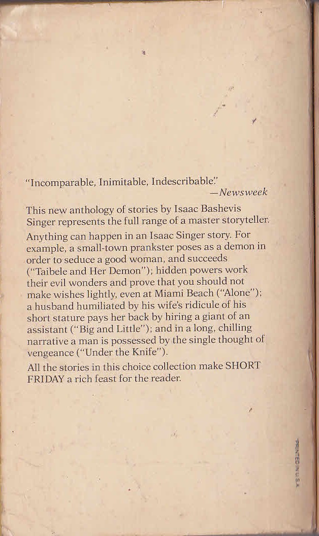 Isaac Bashevis Singer  SHORT FRIDAY magnified rear book cover image