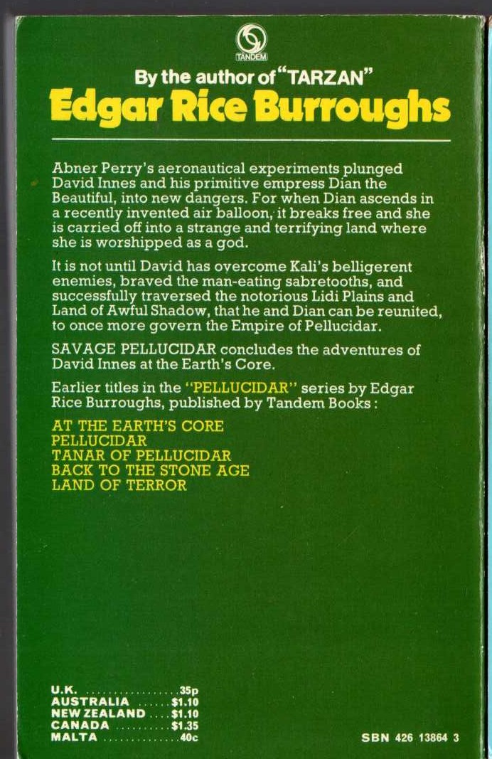 Edgar Rice Burroughs  SAVAGE PELLUCIDAR magnified rear book cover image