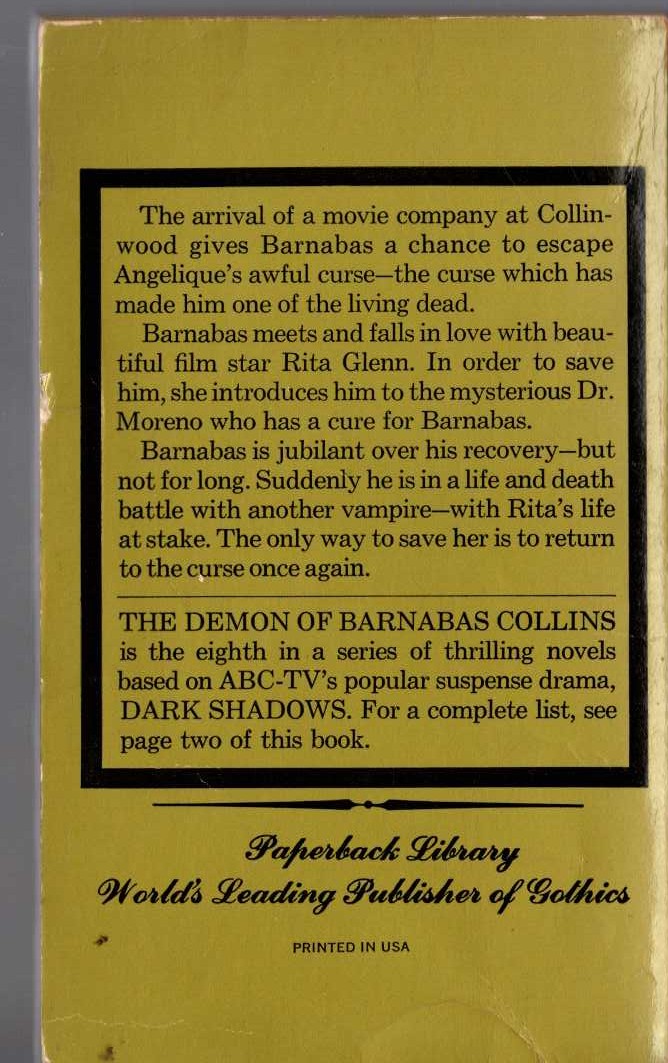 Marilyn Ross  THE DEMON OF BARNABAS COLLINS magnified rear book cover image
