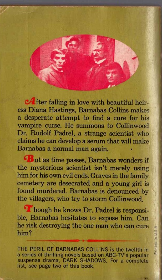 Marilyn Ross  THE PERIL OF BARNABAS COLLINS magnified rear book cover image