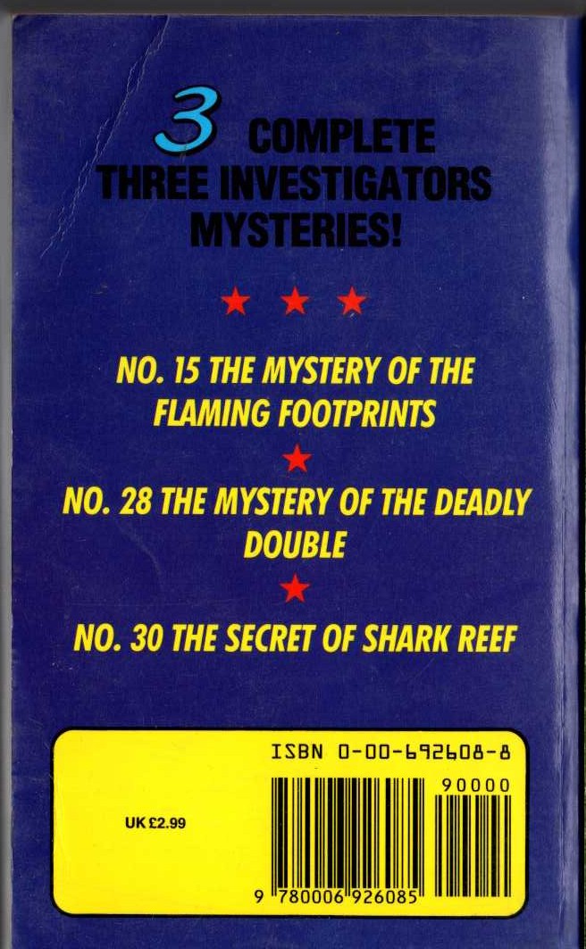 Alfred Hitchcock (introduces_The_Three_Investigators) THE MYSTERY OF THE FLAMING FOOTPRINTS / THE MYSTERY OF THE DEADLY DOUBLE / THE SECRET OF SHARK REEF magnified rear book cover image