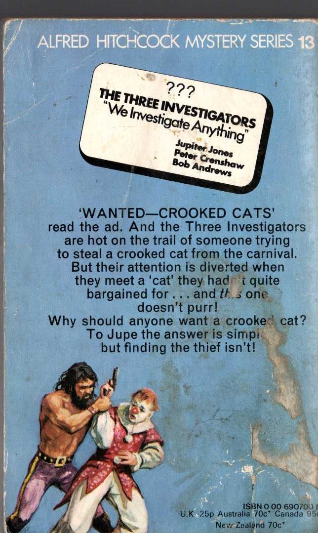 Alfred Hitchcock (introduces_The_Three_Investigators) THE SECRET OF THE CROOKED CAT magnified rear book cover image