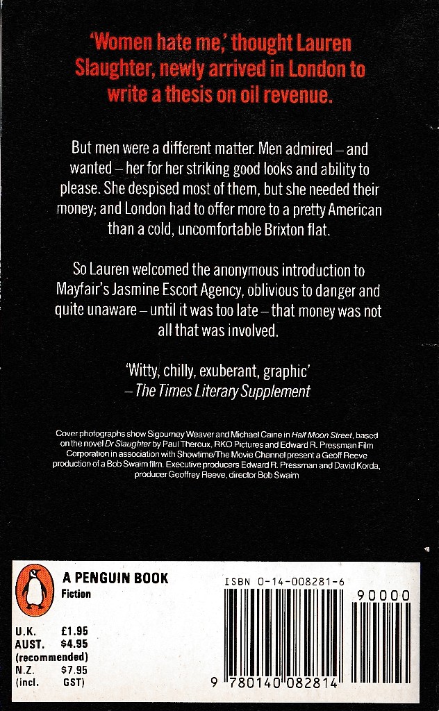 Paul Theroux  HALF MOON STREET (M.Caine & S.Weaver) magnified rear book cover image