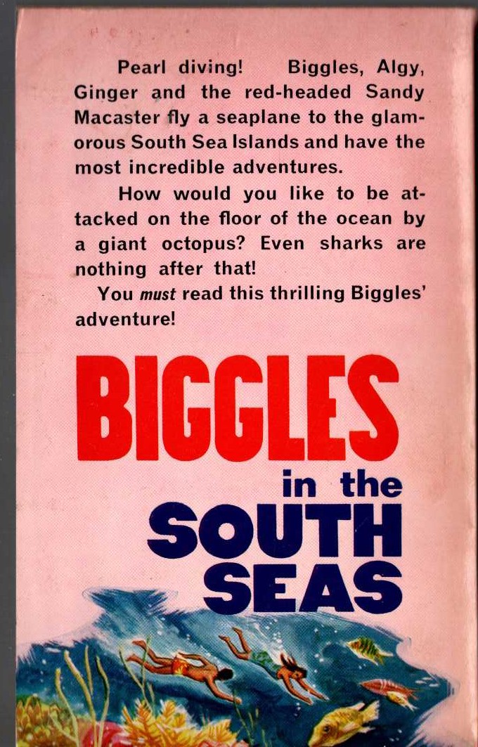 Captain W.E. Johns  BIGGLES IN THE SOUTH SEAS magnified rear book cover image