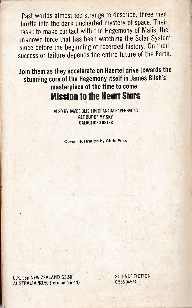 James Blish  MISSION TO THE HEART STARS magnified rear book cover image