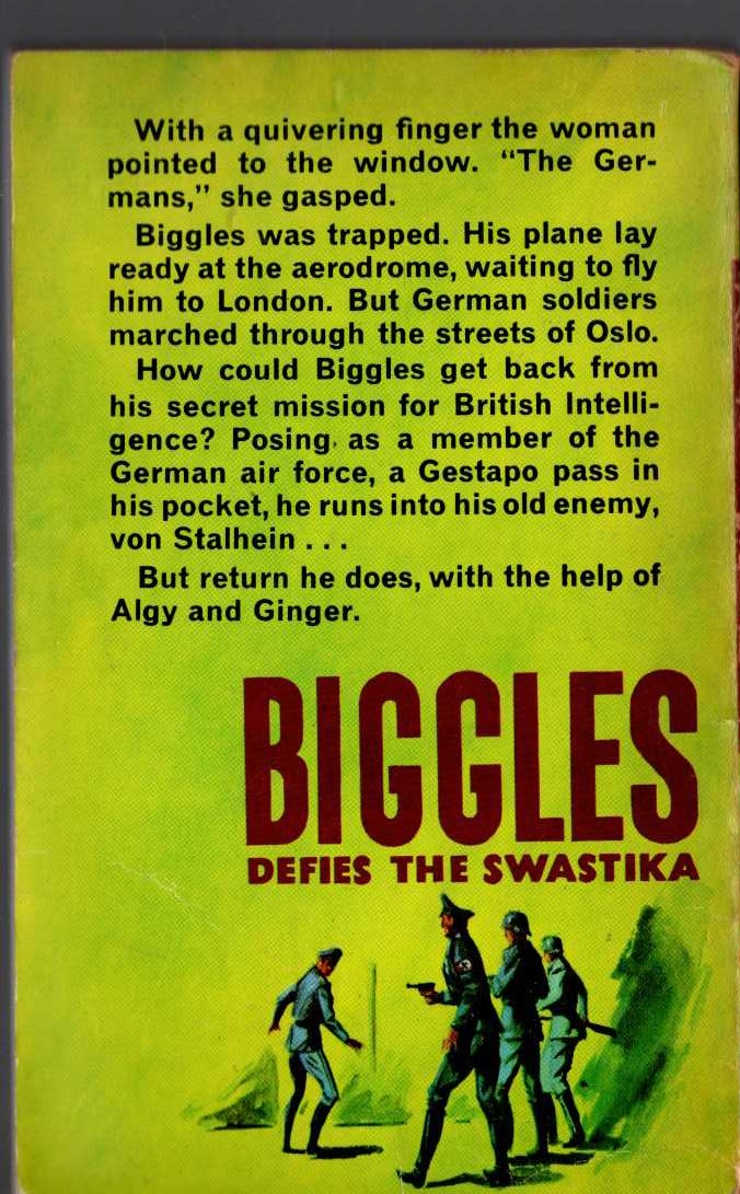 Captain W.E. Johns  BIGGLES DEFIES THE SWASTIKA magnified rear book cover image