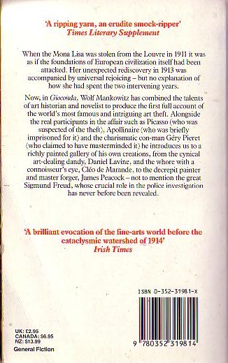 Wolf Mankowitz  GIOCONDA magnified rear book cover image