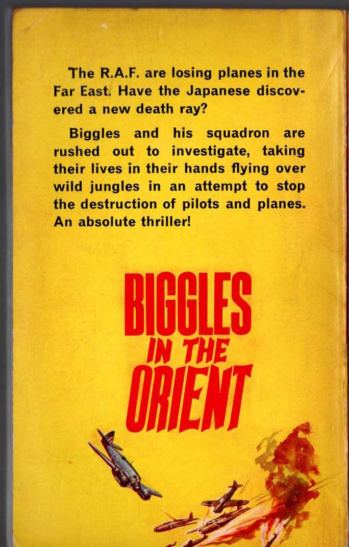 Captain W.E. Johns  BIGGLES IN THE ORIENT magnified rear book cover image