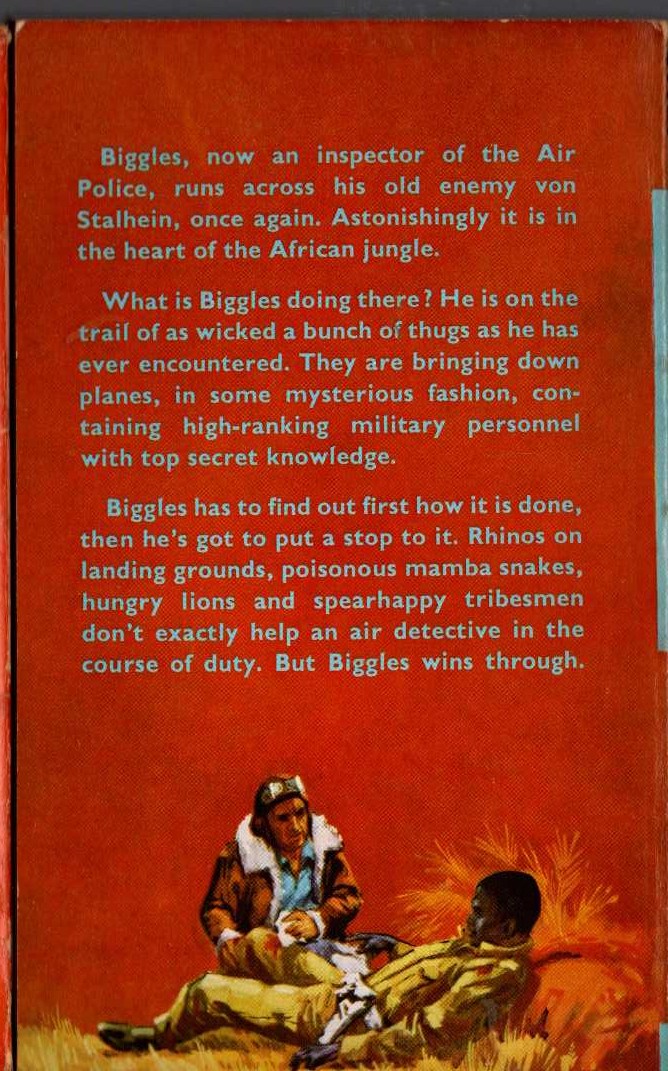 Captain W.E. Johns  NO REST FOR BIGGLES magnified rear book cover image