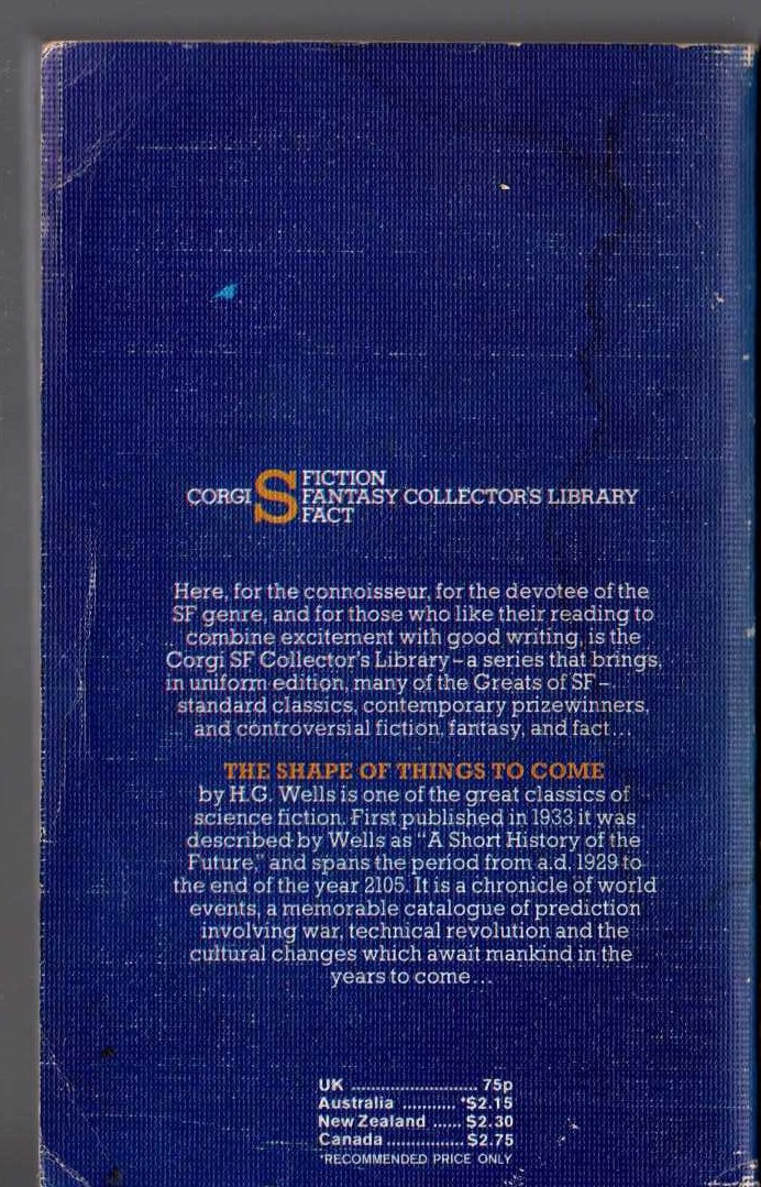 H.G. Wells  THE SHAPE OF THINGS TO COME magnified rear book cover image