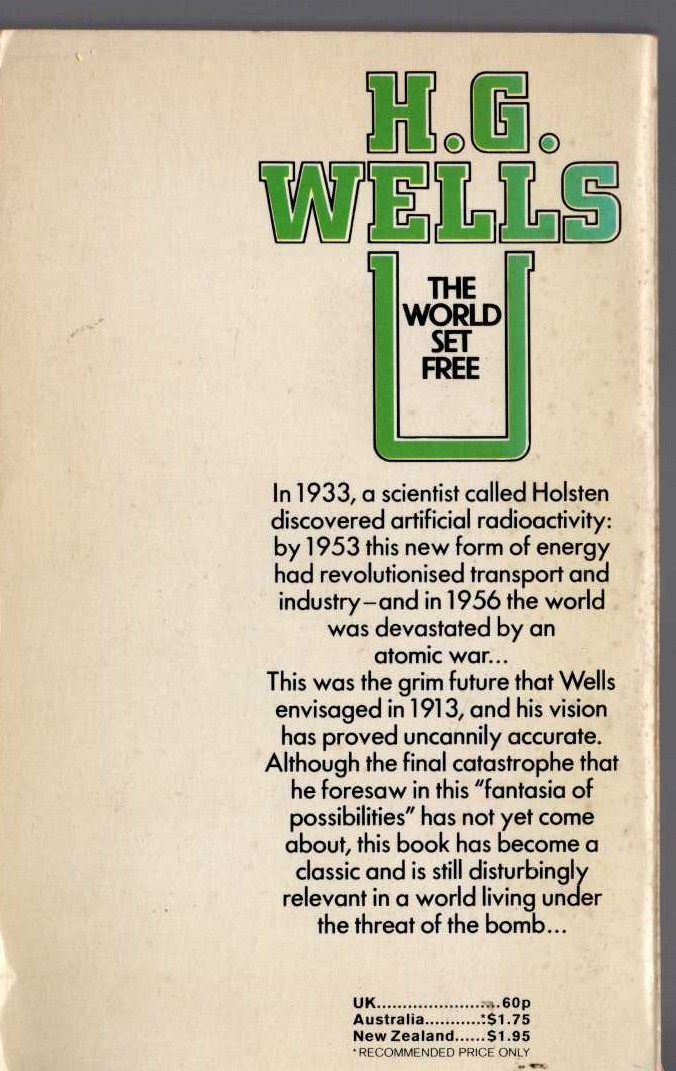 H.G. Wells  THE WORLD SET FREE magnified rear book cover image