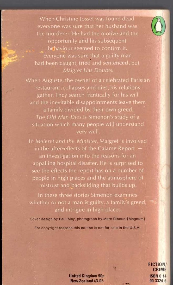 Georges Simenon  THE THIRD SIMENON OMNIBUS: MAIGRET HAS DOUBTS/ MAIGRET & THE MINISTER/ THE OLD MAN DIES magnified rear book cover image