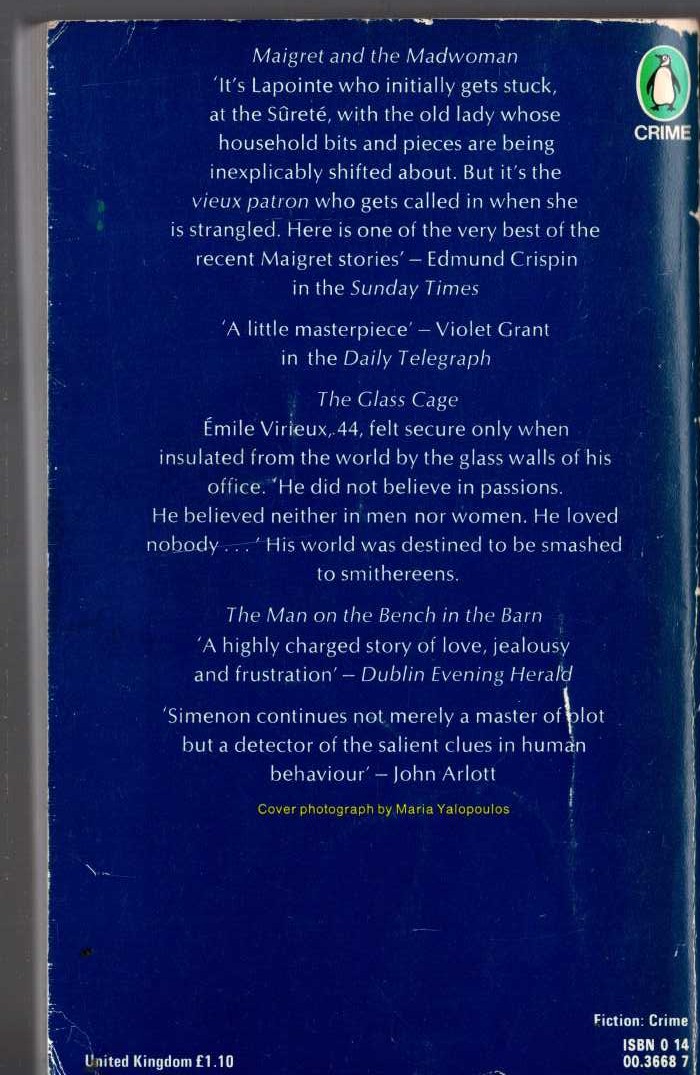 Georges Simenon  THE TENTH SIMENON OMNIBUS: MAIGET AND THE MADWOMAN/ THE GLASS CAGE/ THE MAN ON THE BENCH IN THE BARN magnified rear book cover image