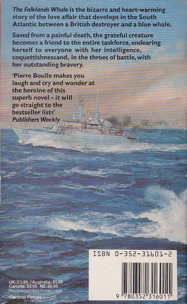 Pierre Boulle  THE FALKLANDS WHALE magnified rear book cover image