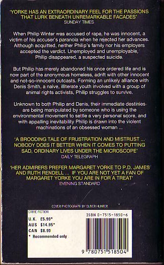 Margaret Yorke  A QUESTION OF BELIEF magnified rear book cover image