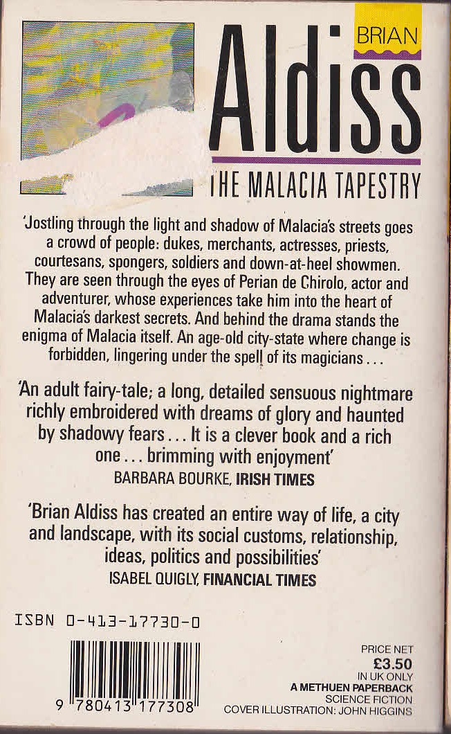 Brian Aldiss  THE MALACIA TAPESTRY magnified rear book cover image