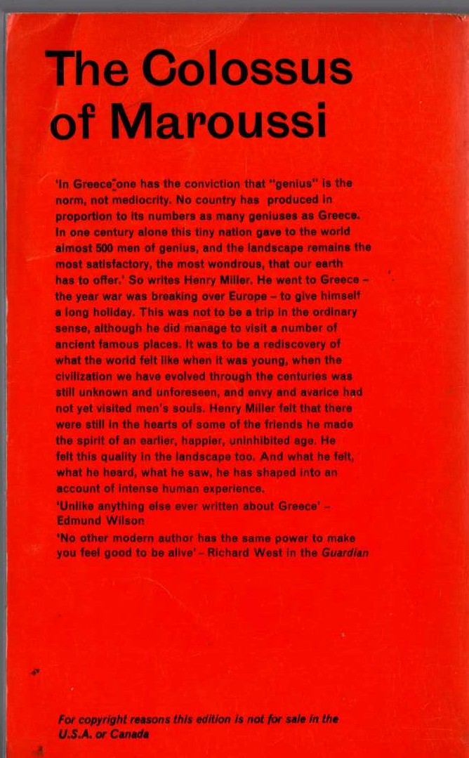 Henry Miller  THE COLOSSUS OF MAROUSSI magnified rear book cover image