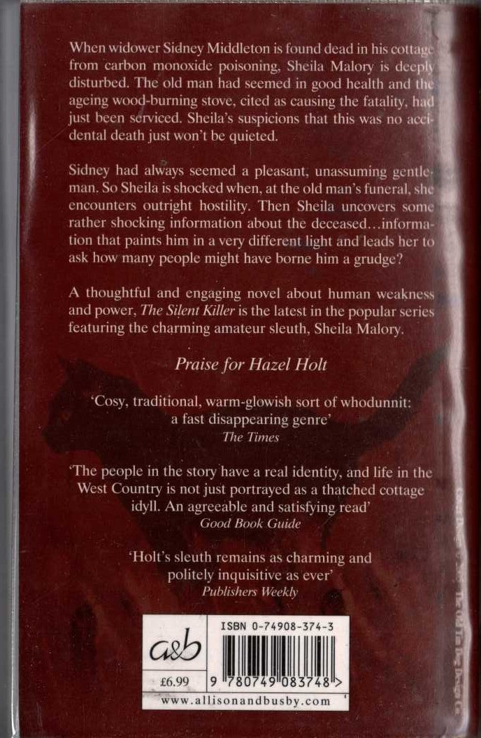 Hazel Holt  THE SILENT KILLER magnified rear book cover image