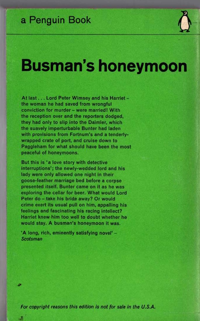 Dorothy L. Sayers  BUSMAN'S HONEYMOON magnified rear book cover image
