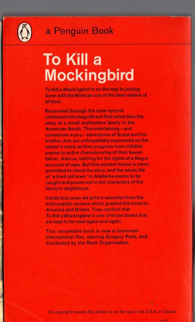 Harper Lee  TO KILL A MOCKINGBIRD magnified rear book cover image