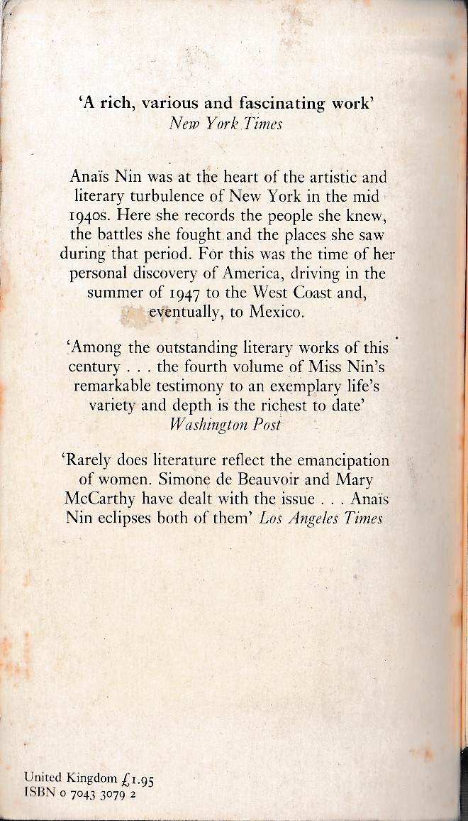 Anais Nin  THE JOURNALS OF ANAIS NIN. Volume Four magnified rear book cover image