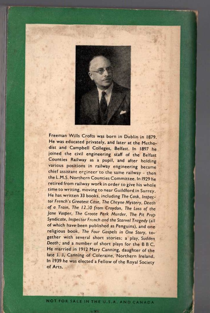 Freeman Wills Crofts  THE LOSS OF THE JANE VOSPER magnified rear book cover image