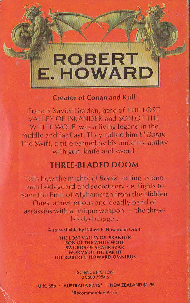 Robert E. Howard  THREE-BLADED DOOM magnified rear book cover image