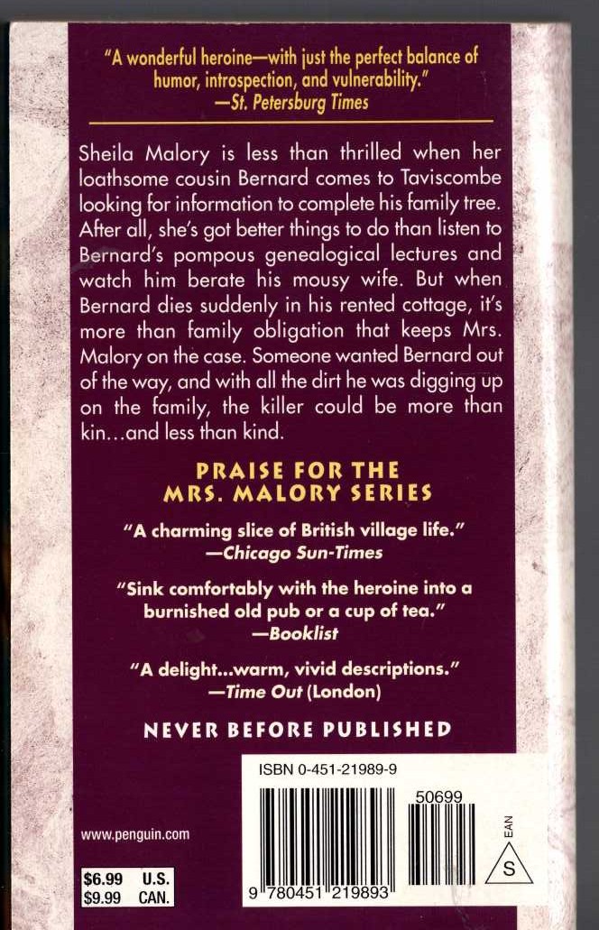 Hazel Holt  MRS. MALORY AND A DEATH IN THE FAMILY magnified rear book cover image