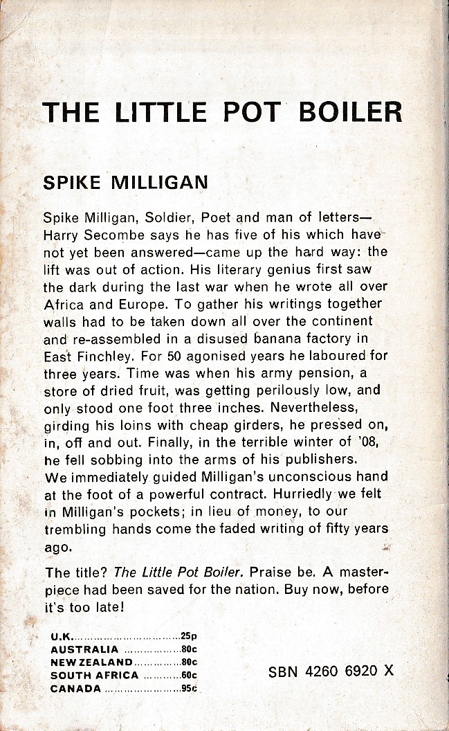 Spike Milligan  THE LITTLE POT BOILER magnified rear book cover image