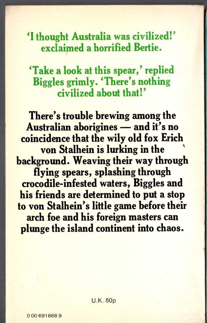 Captain W.E. Johns  BIGGLES IN AUSTRALIA magnified rear book cover image