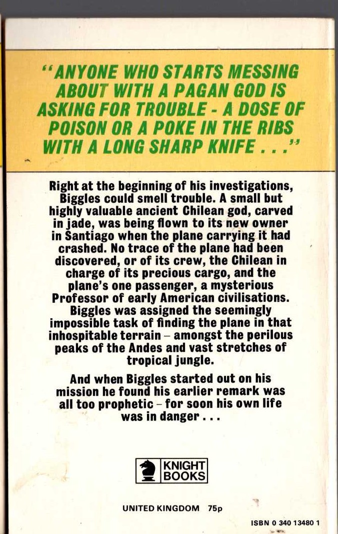 Captain W.E. Johns  BIGGLES AND THE LITTLE GREEN GOD magnified rear book cover image